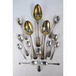 A Victorian fiddle pattern silver table spoon, London 1859, to/w two OEP table spoons,