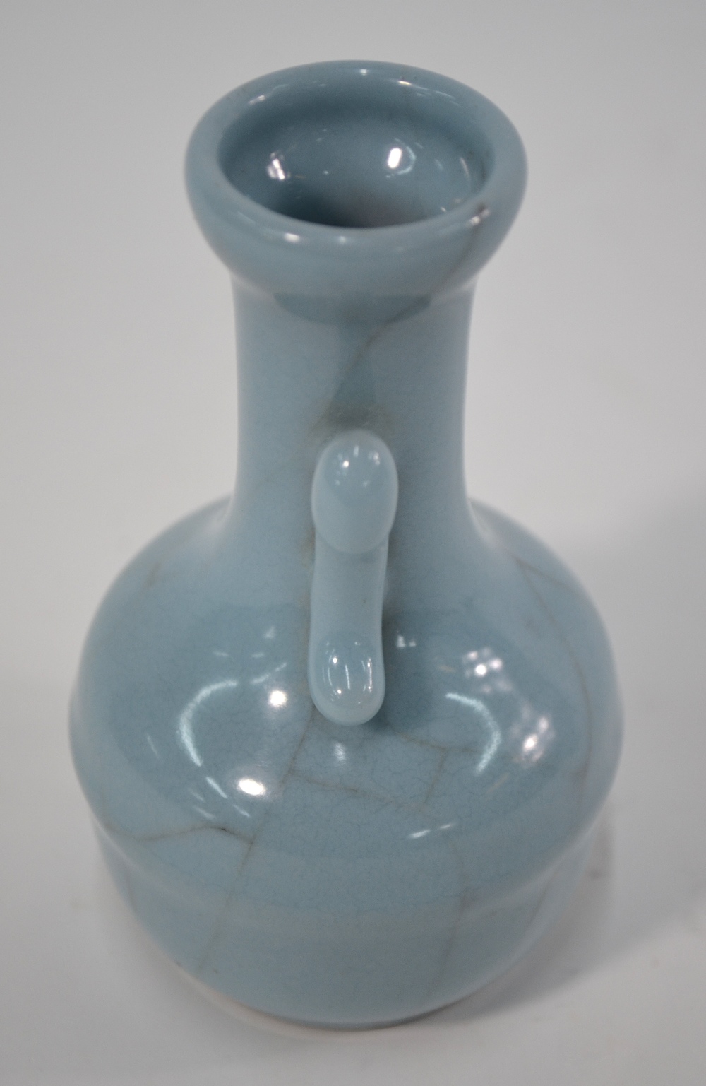 A Chinese small clair-de-lune (yueh pai style) vase with trumpet neck and pierced handles; - Image 3 of 4