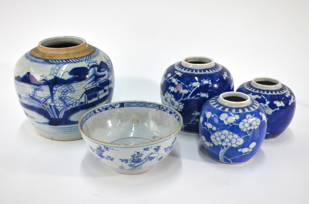 Five Chinese blue and white oviform ginger jars and a blue and white bowl (6)