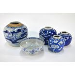 Five Chinese blue and white oviform ginger jars and a blue and white bowl (6)