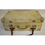 A vellum suitcase with lift out tray and leather straps, makers Drew & Sons, Piccadilly Circus,