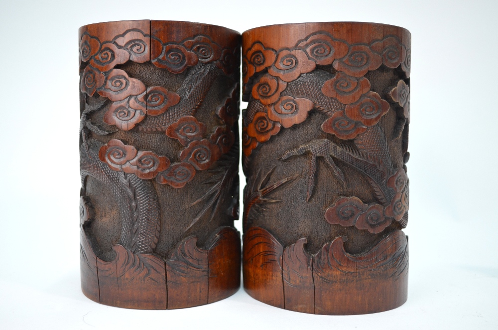 A Chinese pair of cylindrical bamboo bitong, each one decorated with dragons, - Image 6 of 10