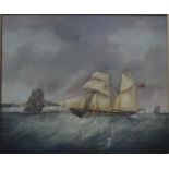 E Ellis - Ships in full sail off the coast, oil on board, signed lower right,