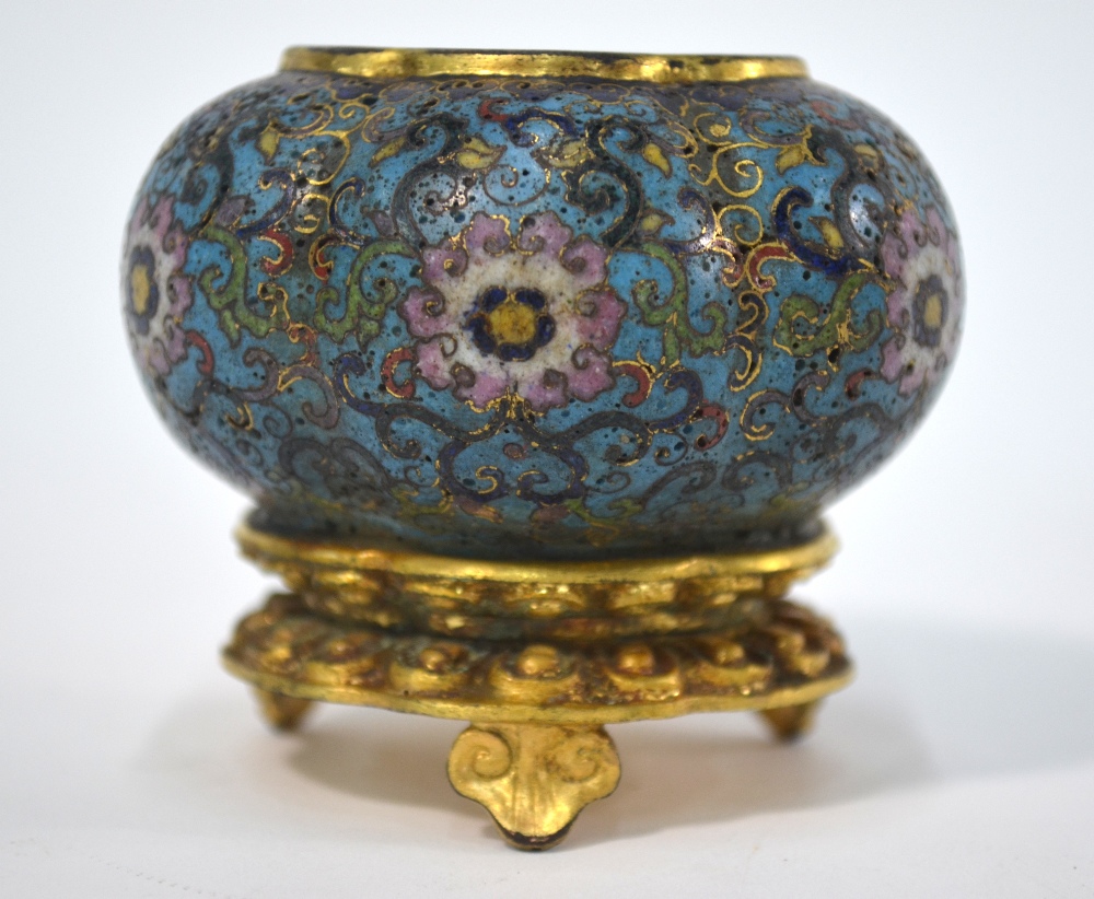 A Chinese blue ground cloisonne enamel water pot on a gilt stand with three feet; - Image 2 of 5