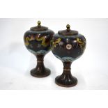 A pair of Chinese Cloisonne enamel vases; each one with cover and knop finial,