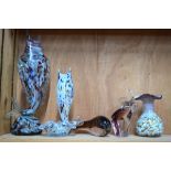 Two Murano retro upright fish models, 25 & 39 cm high to/w a Bohemia crystal vase,