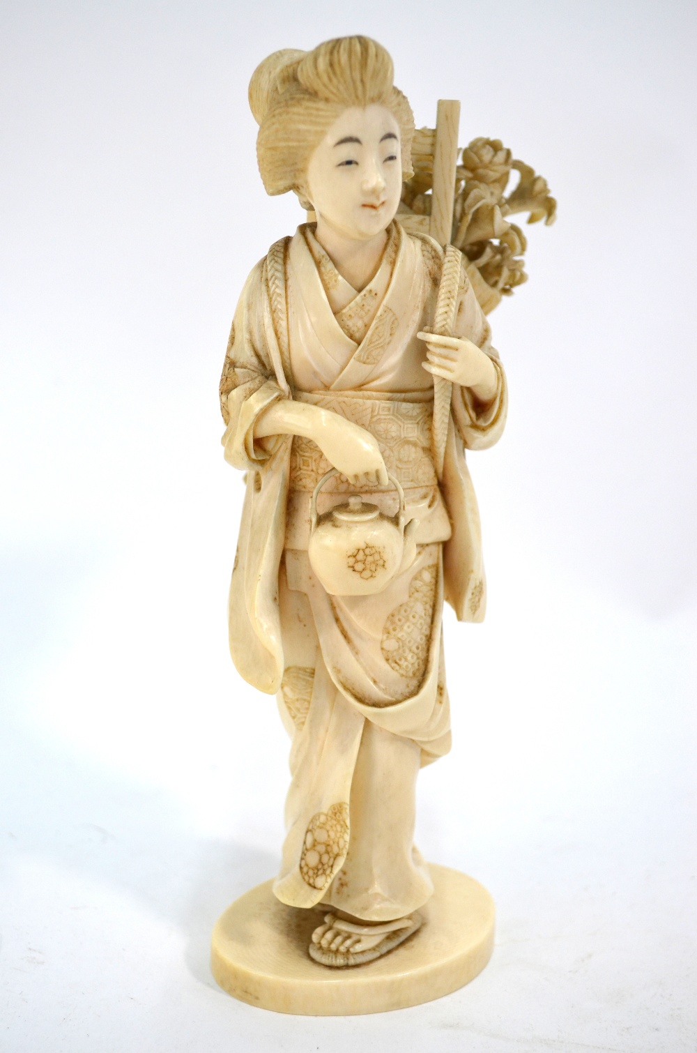 A Japanese ivory Okimono, carved as a Yamato Nadeshkom wearing zori, - Image 2 of 6