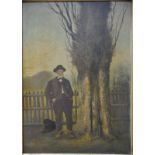 French school - Gentleman and black dog beneath tree, oil on board,