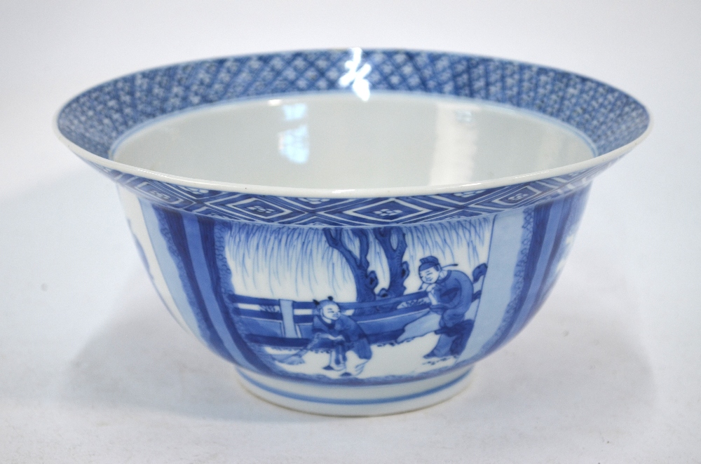 A Chinese blue and white bowl, decorated with four panels of narrative scenes; 20 cm diameter,