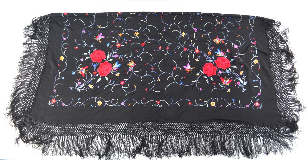 A Chinese silk black ground shawl, decorated with butterflies, - Image 2 of 10