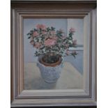 John Webster (b 1932) - 'Azalea by the window', oil on board, signed lower right, titled to reverse,