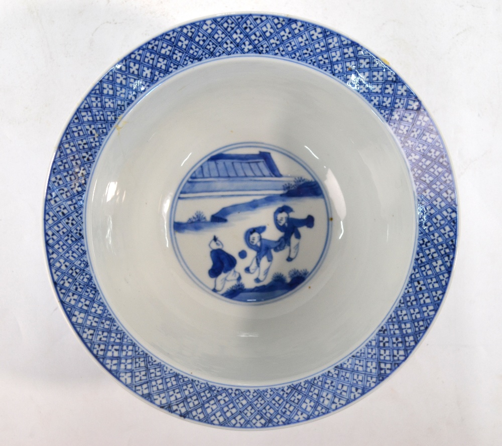 A Chinese blue and white bowl, decorated with four panels of narrative scenes; 20 cm diameter, - Image 4 of 6