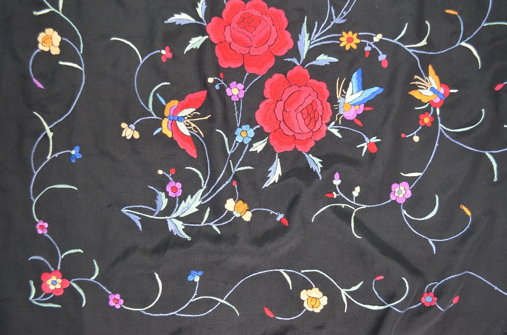 A Chinese silk black ground shawl, decorated with butterflies, - Image 4 of 10