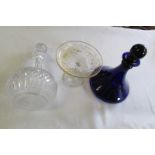 Blue glass ship's decanter; crystal sherry decanter, Bohemian fruit stand (3)