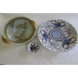 Charlotte Rhead Bursleyware blue, purple floral plaque 30.5 cm dia. And similar pin dish. Crown