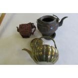 Old Chinese small terracotta teapot, foliate design; Chinese terracotta and pewter teapot;