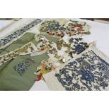 Chinese silk panels with gilt and coloured threads; gilt garment thread decorative attachments (