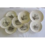 Copeland dessert service, poultry and wild bird design, two stands, six plates.