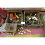Two model pigs, coops and poultry shed with lead farm animals and figures. J.Hill and Co and