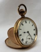 A gold plated keyless wound open faced pocket watch, with an enamel dial,