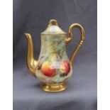 A Royal Worcester coffee pot of baluster form painted with fruit including apples, peaches,