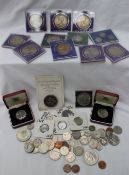 A collection of crowns, commemorative coins, Liberty half dollars, 1916 five cents, 1941 dime,