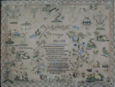 A late 19th century sampler, depicting figures, dogs, birds,