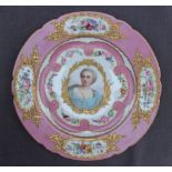 A Sevres style porcelain plate painted to the centre with a portrait of the Duchesse de Chateauroux,