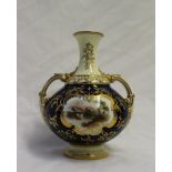 A Coalport twin handled vase decorated with a landscape scene to one side and a rose to the other,