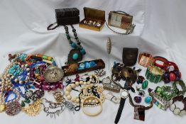 Assorted costume jewellery including bead work necklaces, brooches, earrings,