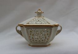 A Grainger & Co Worcester twin handled reticulated sugar box and cover of rectangular form,