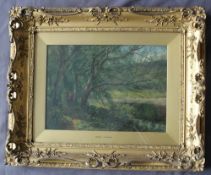 Henry Jutsum A wooded landscape with figures on a path Oil on canvas Signed 27 x 38cm