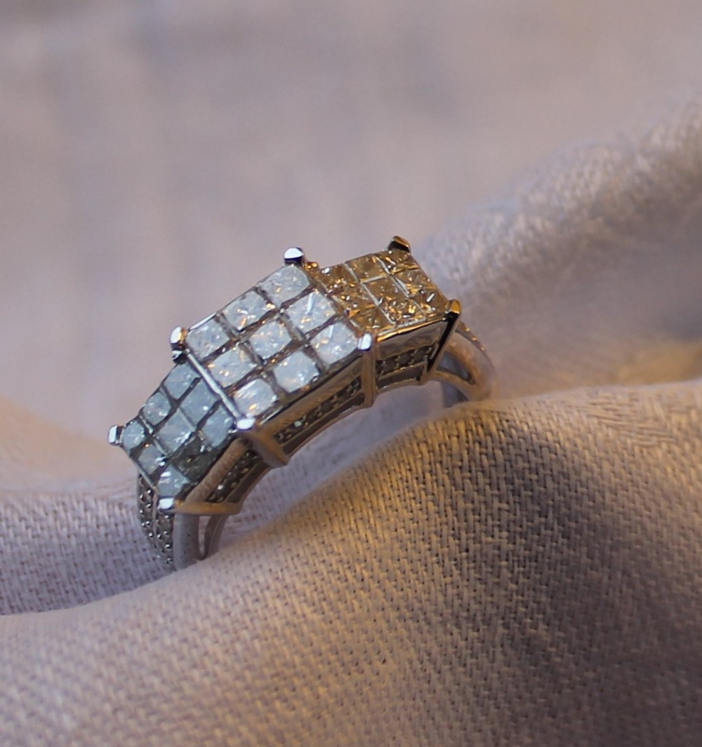 A diamond cluster ring set with princess cut diamonds totalling approximately 2cts to a 9ct white - Image 2 of 3