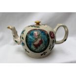 An 18th century salt glazed commemorative teapot, decorated with a portrait of "Charlotta Regina",