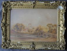 19th century British School A river crossing with a town beyond Watercolour 35 x 51cm