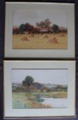 George Oyston Piling up the hay Watercolour Signed Together with another of a farmstead (a pair)