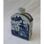 An 18th century Chinese blue and white porcelain tea canister of flattened rectangular form