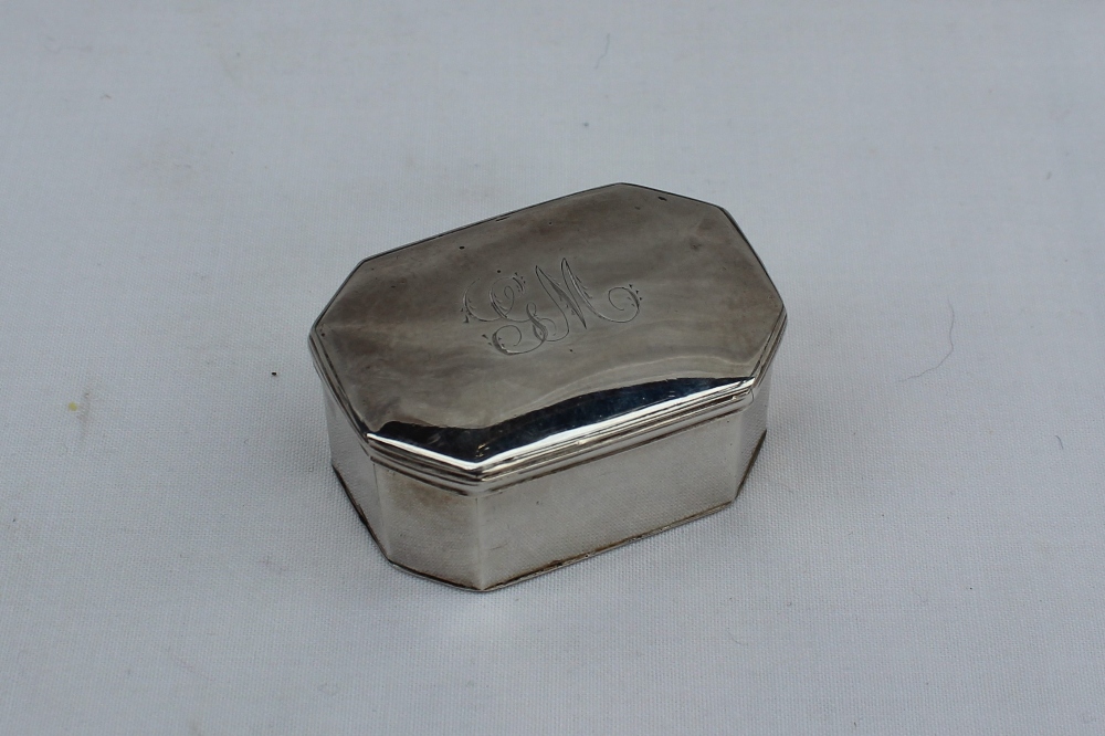 A late George III silver snuff box, of rectangular form with cut corners, initialled to the top,