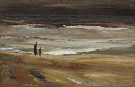***WITHDRAWN*** Donald McIntyre (1923-2009) Seascape with figures on a beach Oil on board Signed 49
