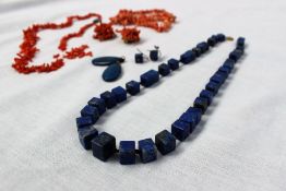A lapis lazuli cube bead necklace, together with earrings,
