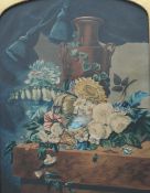 In the style of Peter Casteels Still life study of a vase and flowers on a plinth Watercolour in a