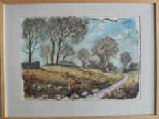 Annie Giles Hobbs A farm on a hill Mixed media on paper Signed and label verso 43 x