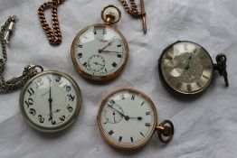 A 9ct yellow gold open faced keyless wound pocket watch the enamel dial with Roman numerals and a