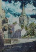 Annie Giles Hobbs A Village scene with a church in the distance Watercolour Signed and label