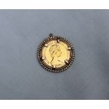 An Elizabeth II gold half sovereign dated 1982 in a 9ct yellow gold slip mount,