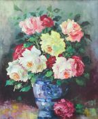 R Desmaretz Still life study of a vase of roses Oil on canvas Signed 58.