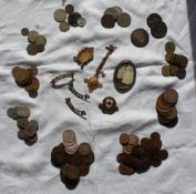 Assorted coins including pennies, shillings, six pence's, farthings, foreign coins,