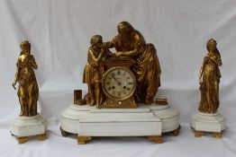A 19th century French ormolu and marble clock garniture,