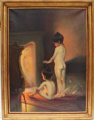 Naert Children in front of the fire Oil on canvas Signed 79 x 59cm