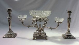 An electroplated and cut glass table centre piece with a central glass bowl,